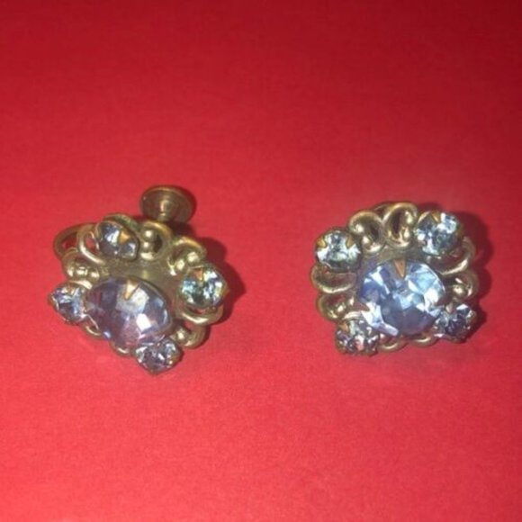 Vintage earrings Screw Backs Blue Rhinestones - Picture 3 of 7